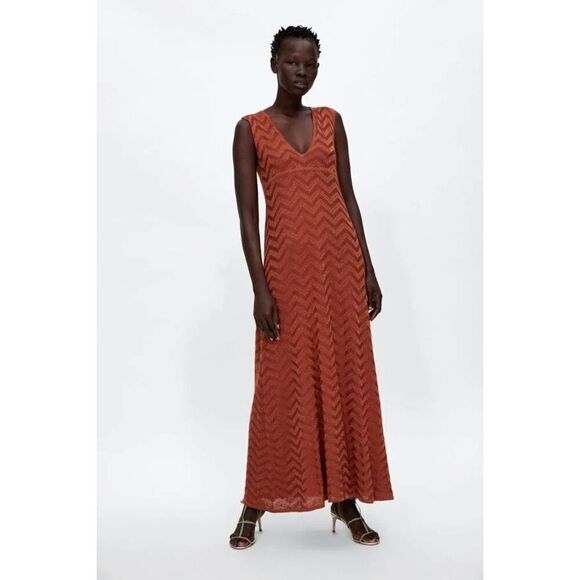 Zara Dresses & Skirts - ZARA Rust Orange Metallic Maxi Dress